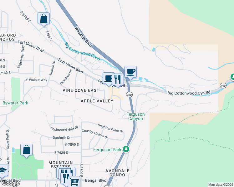 map of restaurants, bars, coffee shops, grocery stores, and more near 7307 Canyon Centre Pkwy in Cottonwood Heights