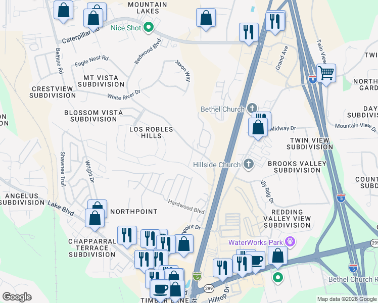 map of restaurants, bars, coffee shops, grocery stores, and more near 760 Redwood Boulevard in Redding