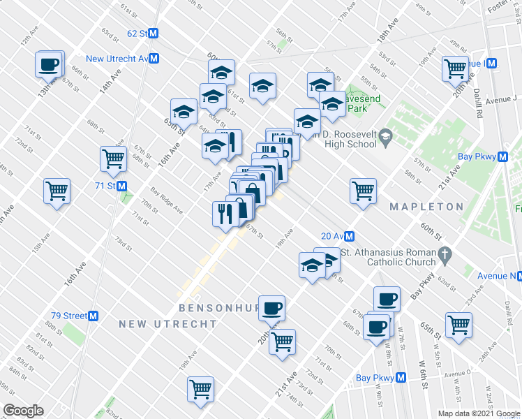 map of restaurants, bars, coffee shops, grocery stores, and more near 6521 18th Avenue in Brooklyn