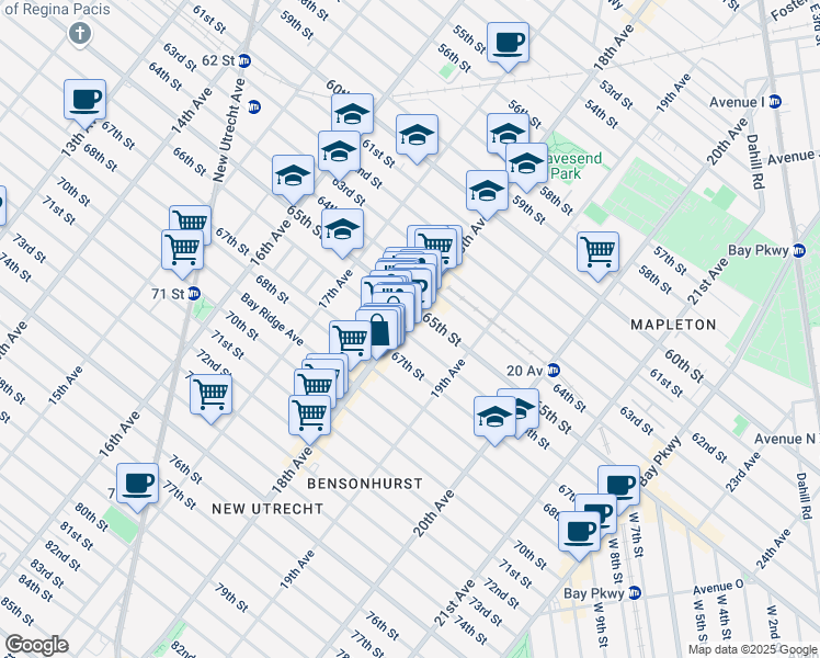 map of restaurants, bars, coffee shops, grocery stores, and more near 6521 18th Avenue in Brooklyn