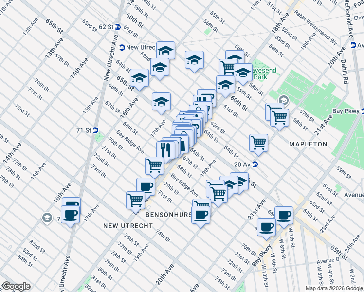 map of restaurants, bars, coffee shops, grocery stores, and more near 6521 18th Avenue in Brooklyn
