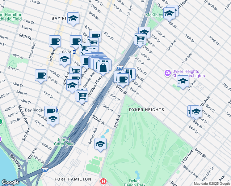 map of restaurants, bars, coffee shops, grocery stores, and more near 15 Battery Avenue in Brooklyn