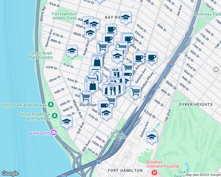 map of restaurants, bars, coffee shops, grocery stores, and more near 368 92nd Street in Brooklyn