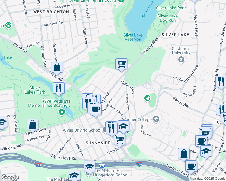 map of restaurants, bars, coffee shops, grocery stores, and more near 37 Glenwood Avenue in Staten Island