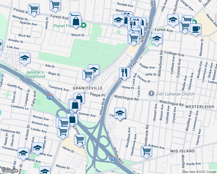 map of restaurants, bars, coffee shops, grocery stores, and more near 21 Deppe Place in Staten Island