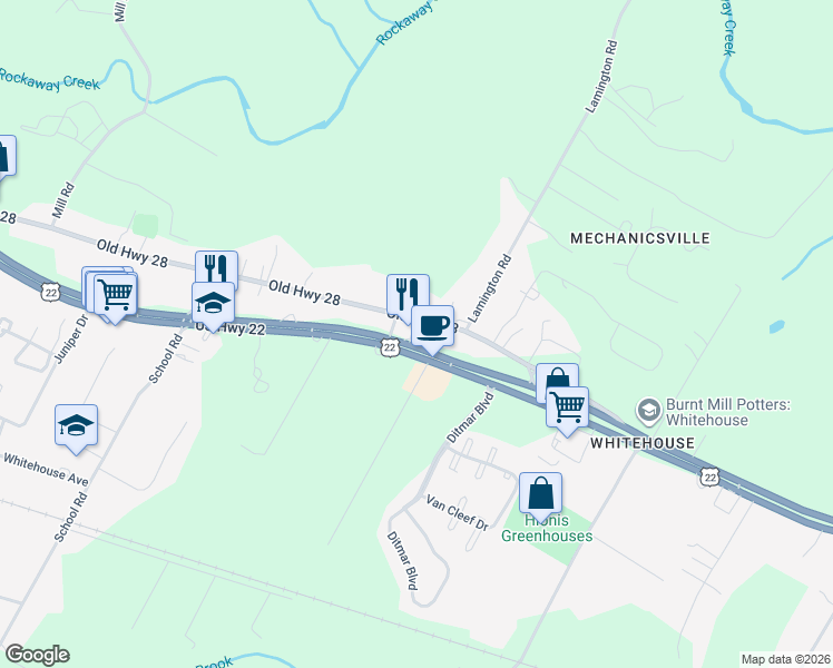 map of restaurants, bars, coffee shops, grocery stores, and more near 366 U.S. 22 in Whitehouse