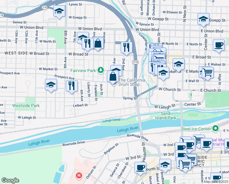 map of restaurants, bars, coffee shops, grocery stores, and more near 317 Rauch Street in Bethlehem