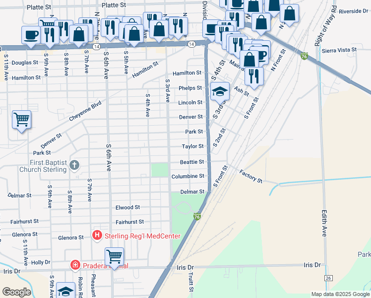 map of restaurants, bars, coffee shops, grocery stores, and more near 201 Taylor Street in Sterling