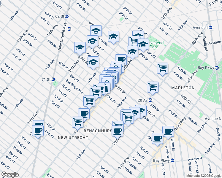 map of restaurants, bars, coffee shops, grocery stores, and more near 6521 18th Avenue in Brooklyn