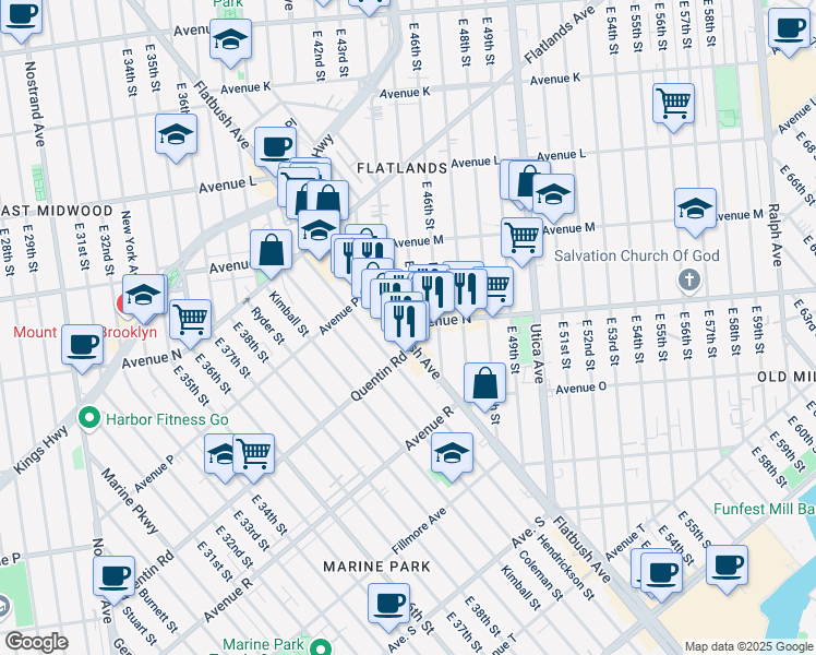 map of restaurants, bars, coffee shops, grocery stores, and more near 4420 Avenue N in Brooklyn