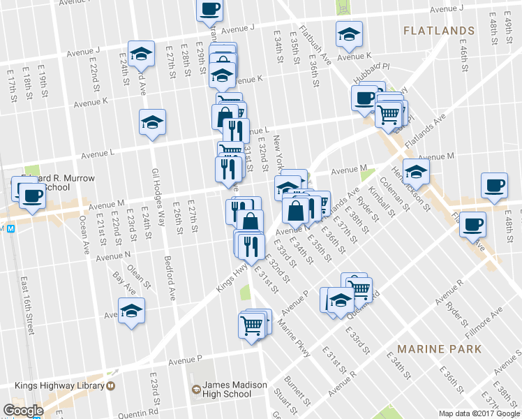 map of restaurants, bars, coffee shops, grocery stores, and more near 1351 East 31st Street in Brooklyn