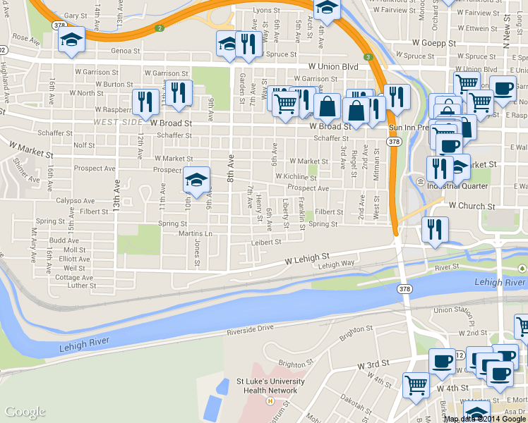 map of restaurants, bars, coffee shops, grocery stores, and more near 319 6th Ave in Bethlehem