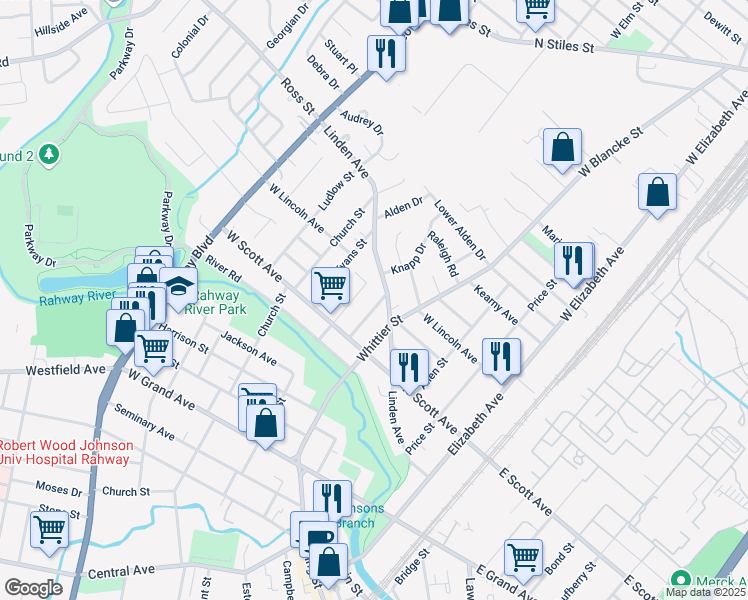 map of restaurants, bars, coffee shops, grocery stores, and more near 2148 Prospect Street in Rahway
