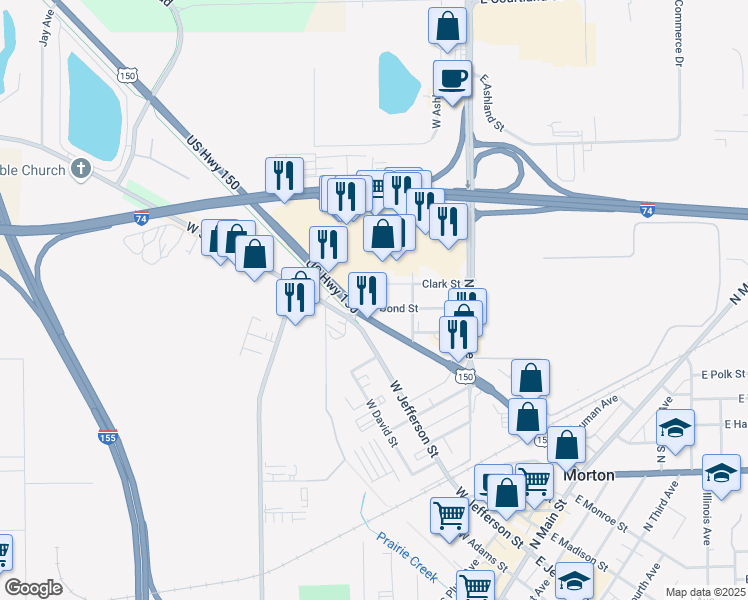 map of restaurants, bars, coffee shops, grocery stores, and more near 231 West Bond Street in Morton