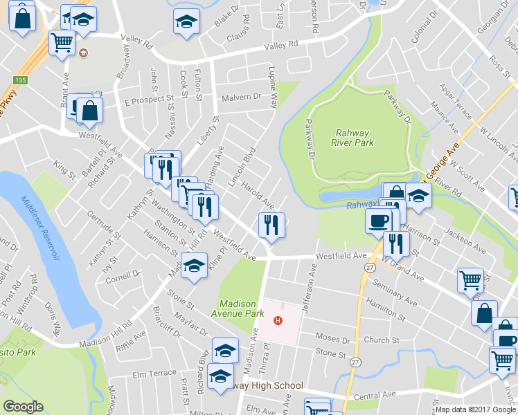 map of restaurants, bars, coffee shops, grocery stores, and more near 1494 Bedford Street in Rahway