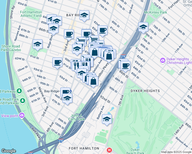 map of restaurants, bars, coffee shops, grocery stores, and more near 8852 Fort Hamilton Parkway in Brooklyn