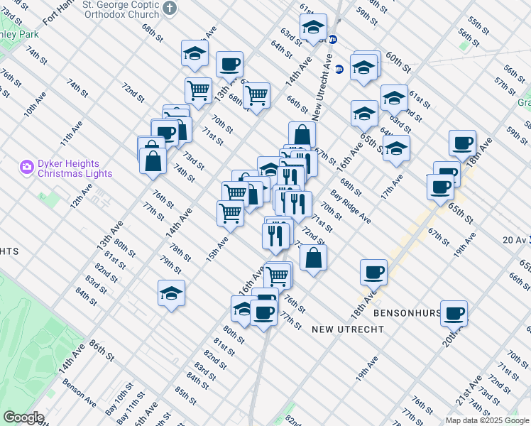 map of restaurants, bars, coffee shops, grocery stores, and more near 1527 73rd Street in Brooklyn