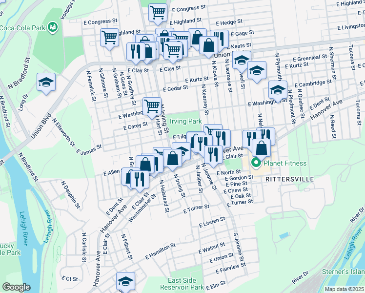 map of restaurants, bars, coffee shops, grocery stores, and more near 923 East Sycamore Street in Allentown