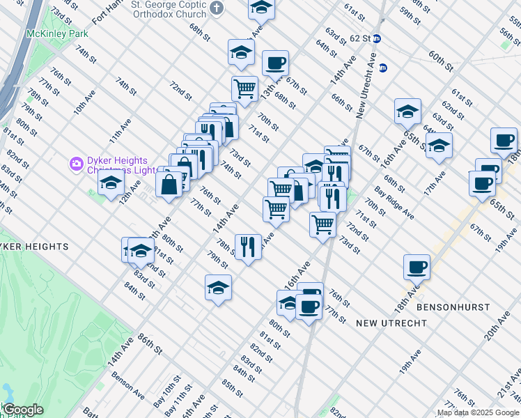 map of restaurants, bars, coffee shops, grocery stores, and more near 1437 Bay Ridge Parkway in Brooklyn