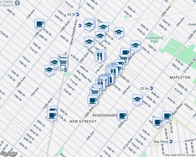map of restaurants, bars, coffee shops, grocery stores, and more near 1719 68th Street in Brooklyn
