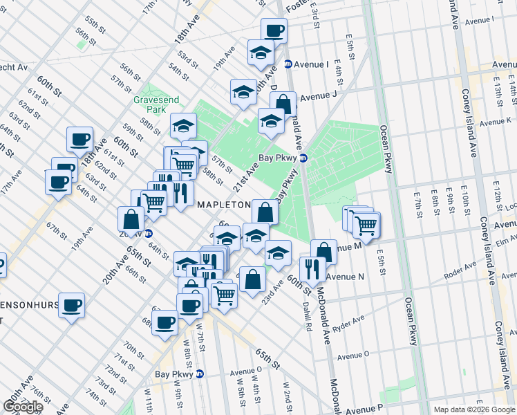 map of restaurants, bars, coffee shops, grocery stores, and more near 2140 58th Street in Brooklyn