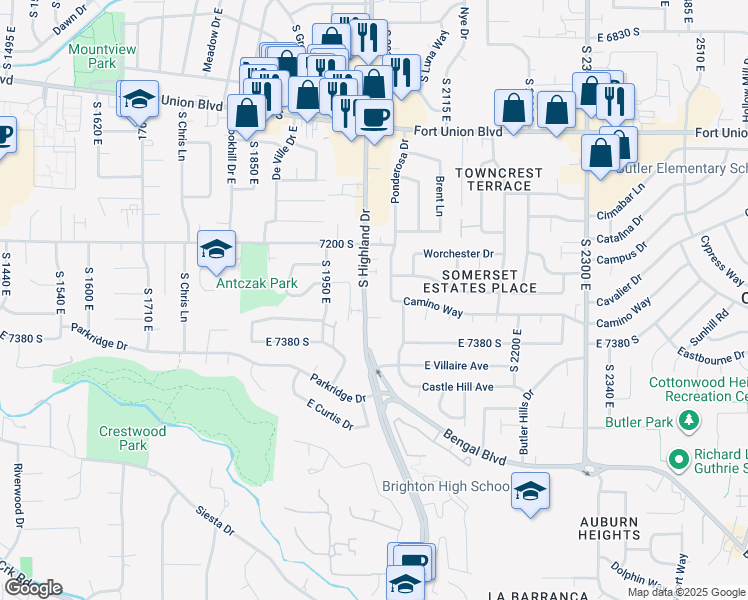 map of restaurants, bars, coffee shops, grocery stores, and more near 7295 South Highland Drive in Cottonwood Heights