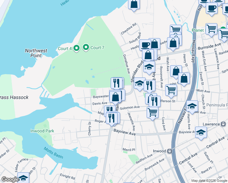 map of restaurants, bars, coffee shops, grocery stores, and more near 13 Oak Place in Inwood