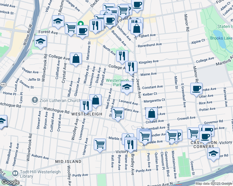 map of restaurants, bars, coffee shops, grocery stores, and more near 110 Lathrop Avenue in Staten Island