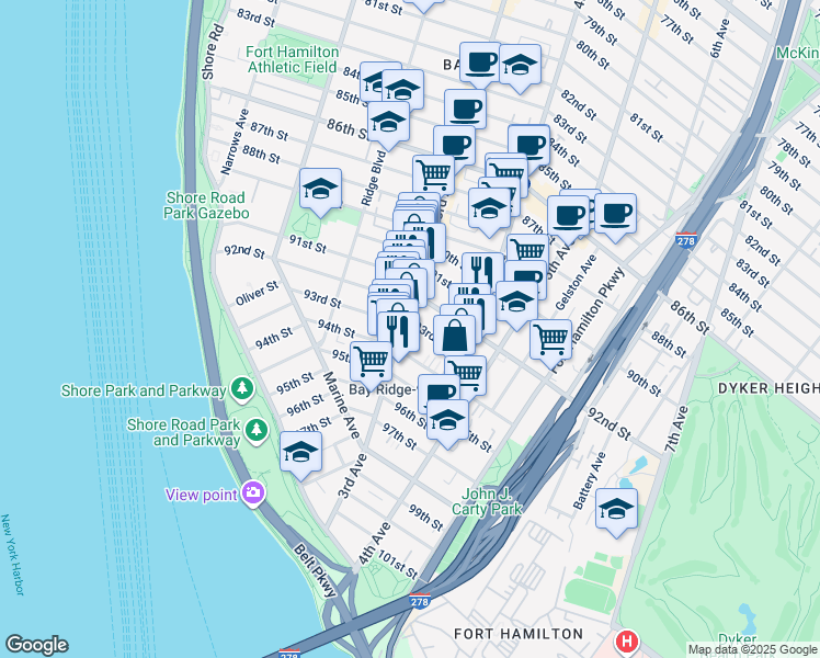 map of restaurants, bars, coffee shops, grocery stores, and more near 9305 3rd Avenue in Brooklyn