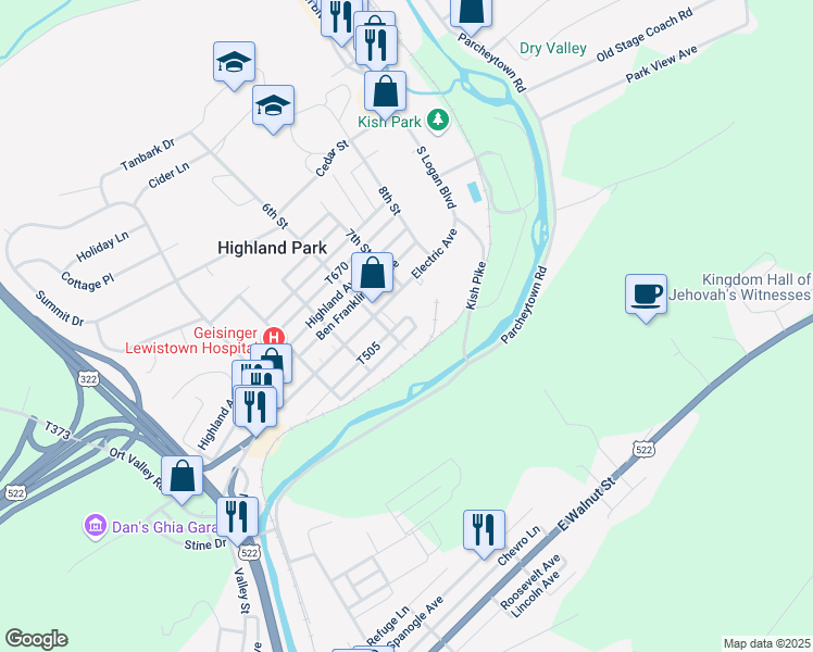 map of restaurants, bars, coffee shops, grocery stores, and more near 618 Woodland Avenue in Lewistown