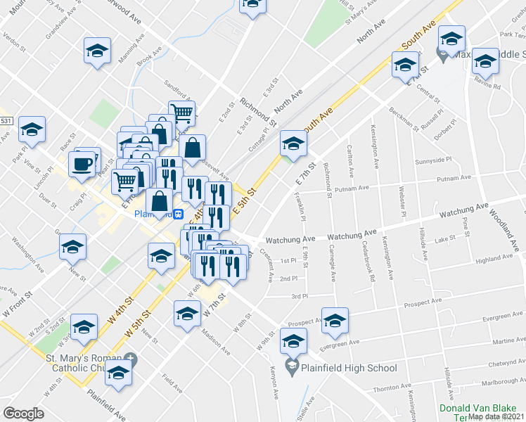 map of restaurants, bars, coffee shops, grocery stores, and more near 604-06 Roosevelt Avenue in Plainfield