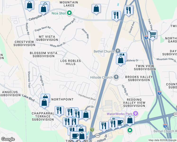 map of restaurants, bars, coffee shops, grocery stores, and more near 760 Redwood Boulevard in Redding