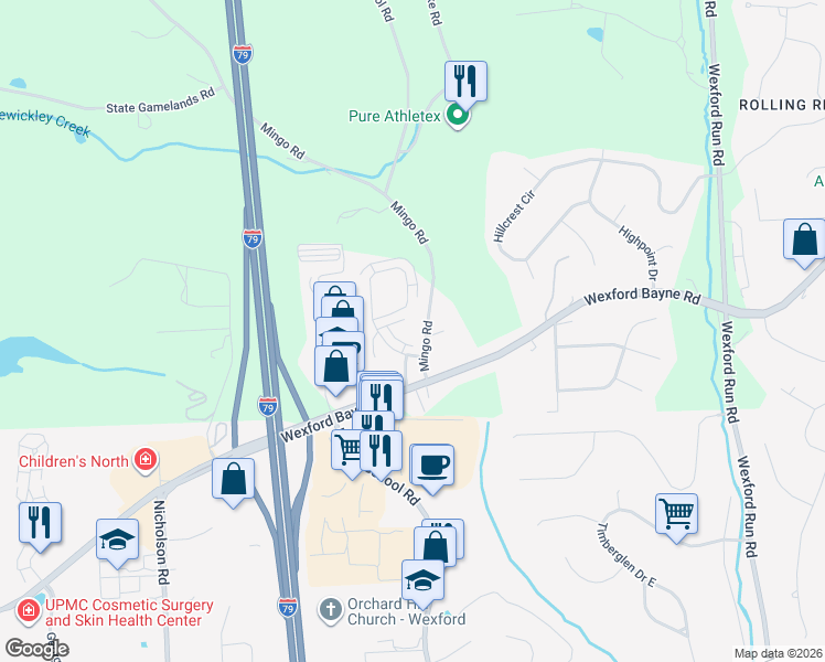 map of restaurants, bars, coffee shops, grocery stores, and more near 119 Mingo Road in Wexford