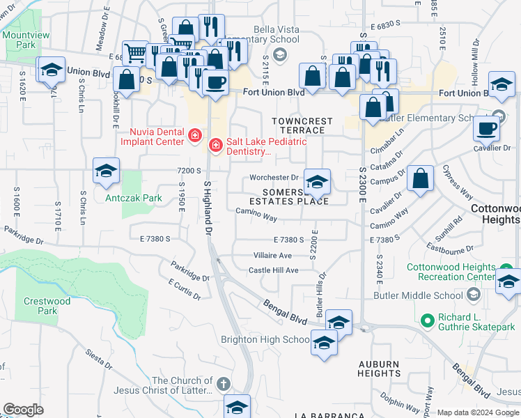 map of restaurants, bars, coffee shops, grocery stores, and more near 2097 Camino Way in Salt Lake City