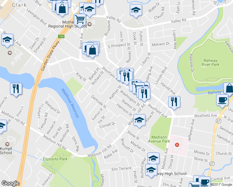 map of restaurants, bars, coffee shops, grocery stores, and more near 9 Kathryn Street in Clark