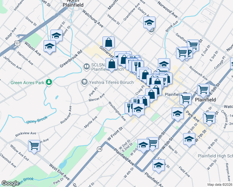 map of restaurants, bars, coffee shops, grocery stores, and more near 75 Grove Street in North Plainfield