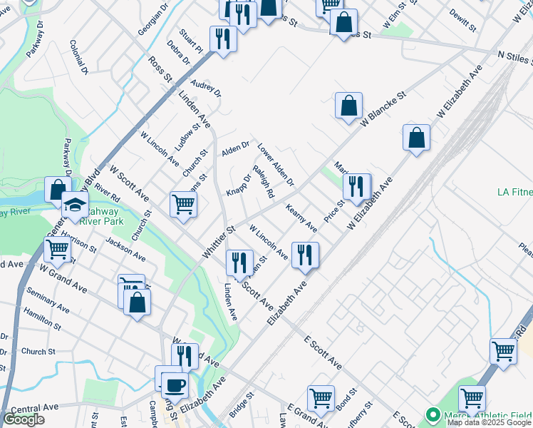 map of restaurants, bars, coffee shops, grocery stores, and more near 2263 Whittier Street in Rahway