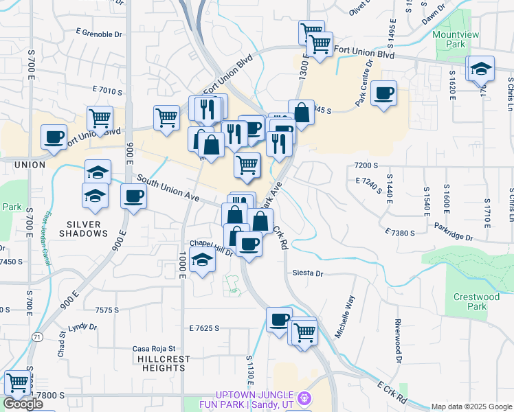 map of restaurants, bars, coffee shops, grocery stores, and more near 7306 Union Park Avenue in Midvale