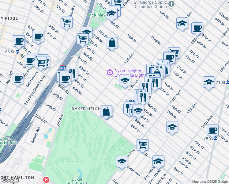 map of restaurants, bars, coffee shops, grocery stores, and more near 1147 82nd Street in Brooklyn