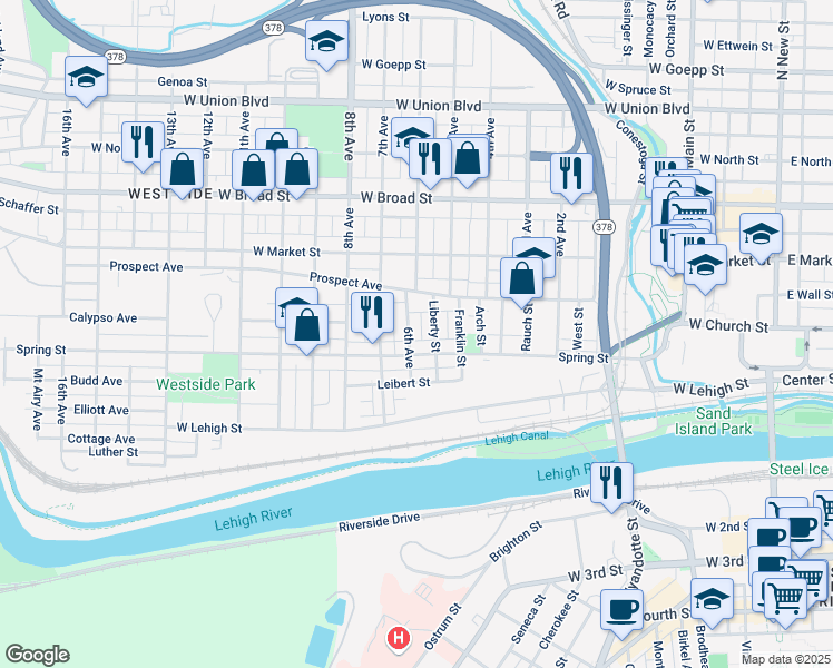map of restaurants, bars, coffee shops, grocery stores, and more near 319 6th Avenue in Bethlehem