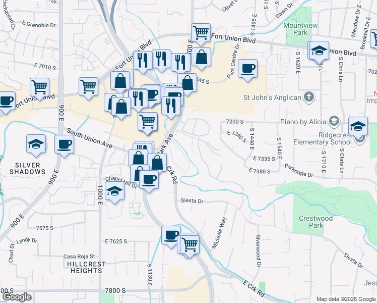 map of restaurants, bars, coffee shops, grocery stores, and more near 7302 Milne Garden Circle in Cottonwood Heights