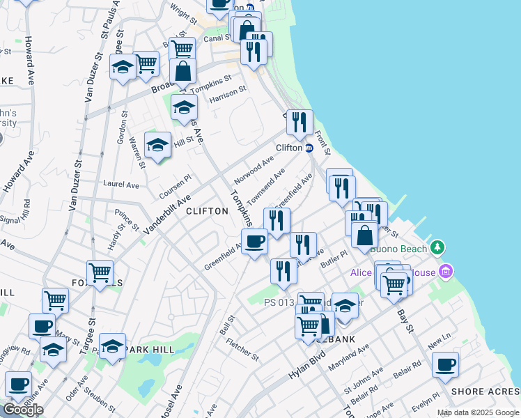 map of restaurants, bars, coffee shops, grocery stores, and more near 130 Townsend Avenue in Staten Island