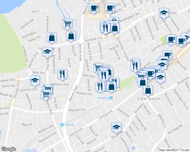 map of restaurants, bars, coffee shops, grocery stores, and more near 36B Mott Avenue in Inwood