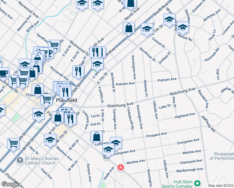 map of restaurants, bars, coffee shops, grocery stores, and more near 825 Richmond Street in Plainfield