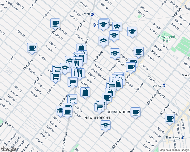 map of restaurants, bars, coffee shops, grocery stores, and more near 1641 70th Street in Brooklyn