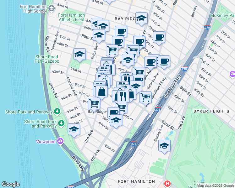 map of restaurants, bars, coffee shops, grocery stores, and more near 368 92nd Street in Brooklyn