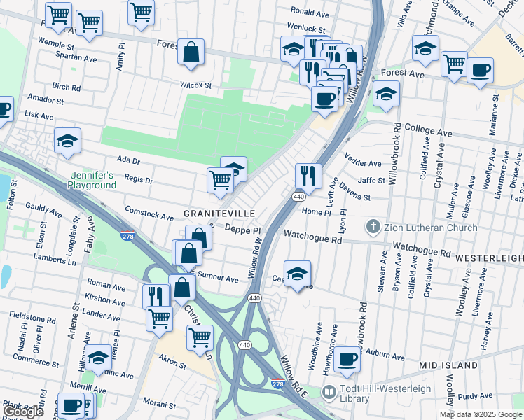 map of restaurants, bars, coffee shops, grocery stores, and more near 21 Deppe Place in Staten Island