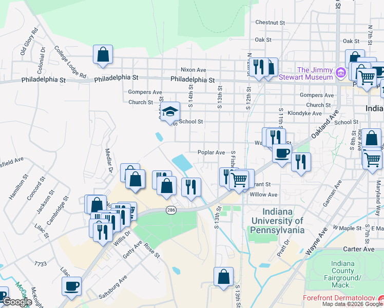 map of restaurants, bars, coffee shops, grocery stores, and more near 353 South 14th Street in Indiana