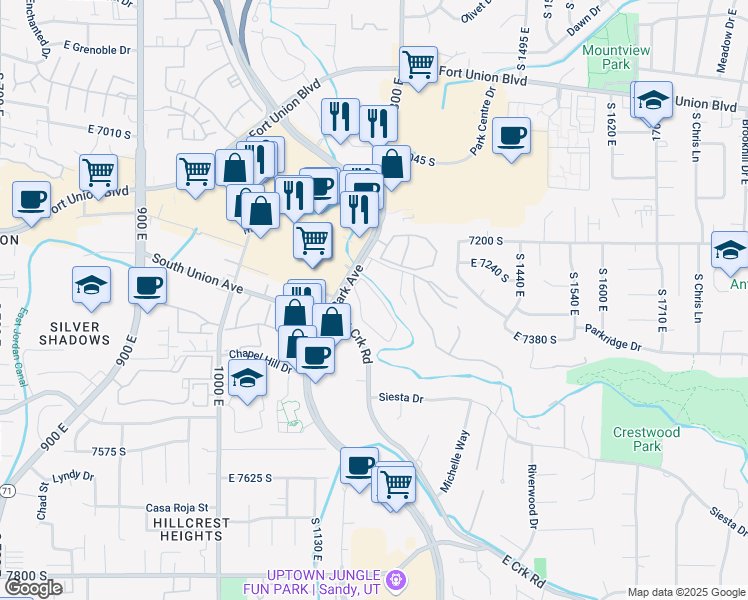 map of restaurants, bars, coffee shops, grocery stores, and more near 1206 East Waterside Cove in Cottonwood Heights