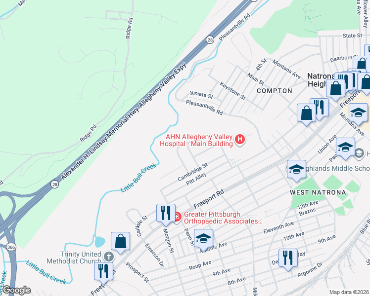 map of restaurants, bars, coffee shops, grocery stores, and more near 1216 Minnesota Avenue in Natrona Heights